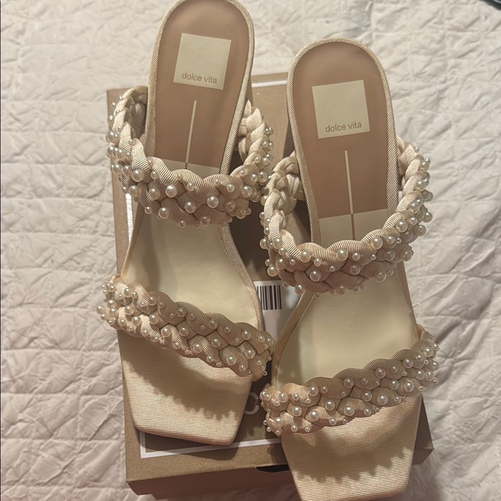 Dolce Vita Cream Heels with Pearl Embellishments